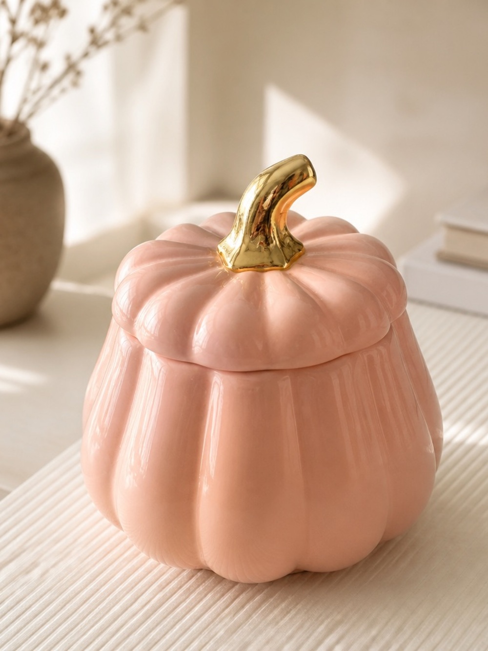 Pink Ceramic Pumpkin Jar with Gold Stem - Decorative Accent